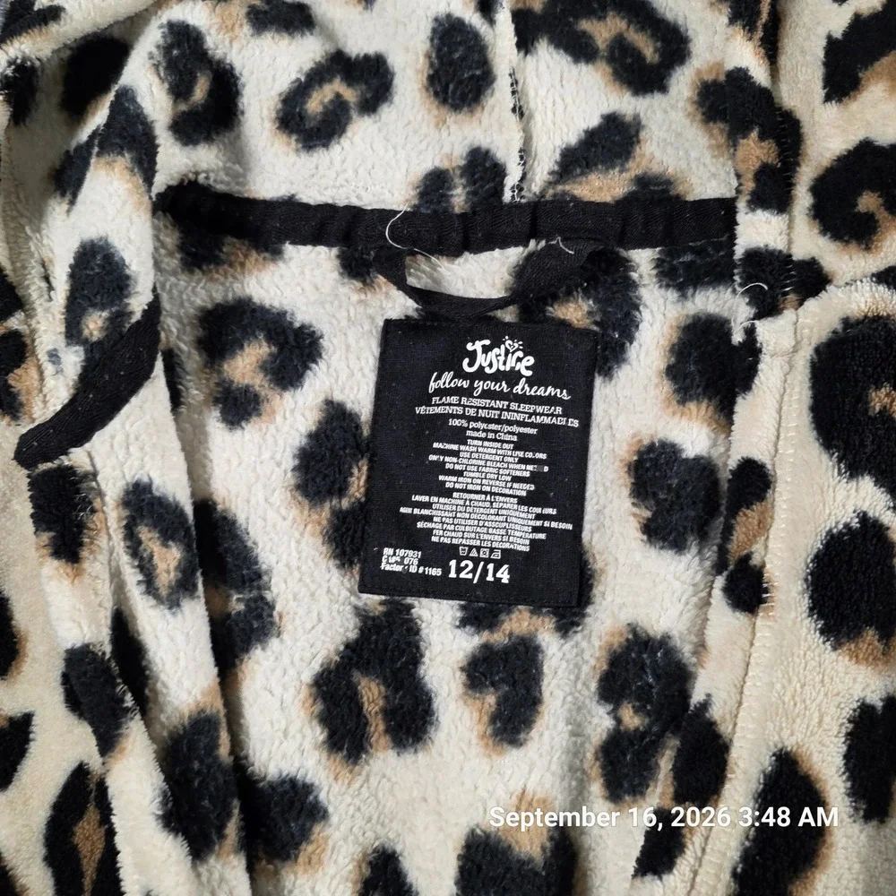 Justice Girls Leopard Print Plush Hooded Robe Pink Sequin Ears Brown Tan 12/14
